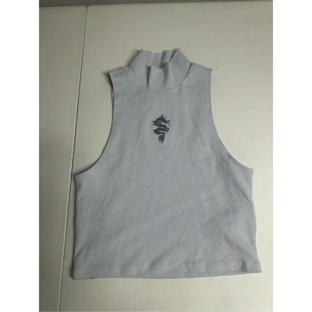 Forever 21 Dragon Crop Top Mock Neck Embroidered Gray Sz S-M Cotton Blend *Notes
